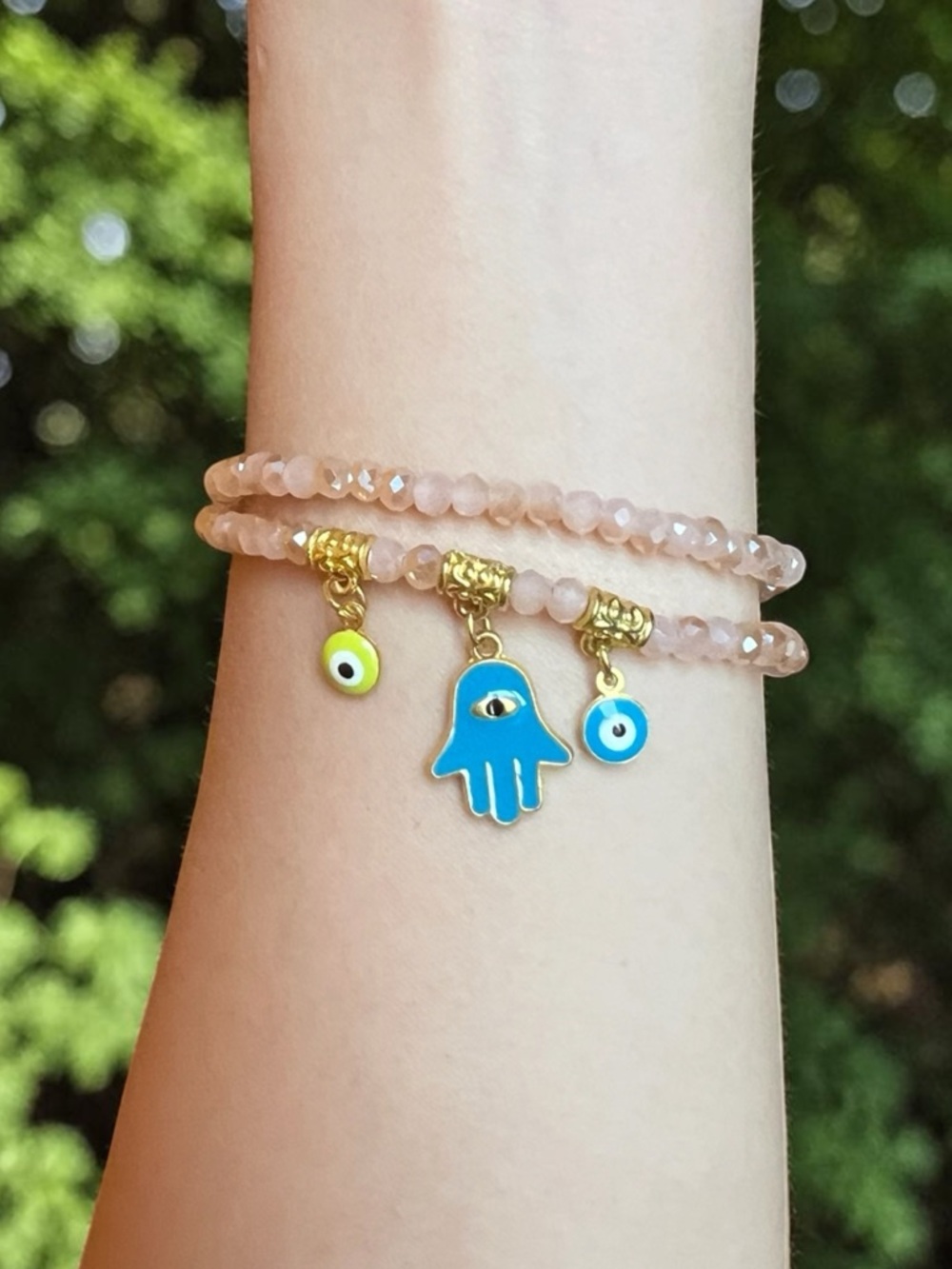 Hamsa and Evil Eye Cream Beaded Stretch Bracelet NWOT